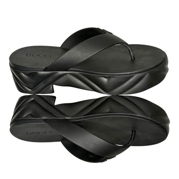 Gucci Rubber Chevron Logo Platform Thong Sandals Black Size 37 Box & Dust Bag - Picture 6 of 13